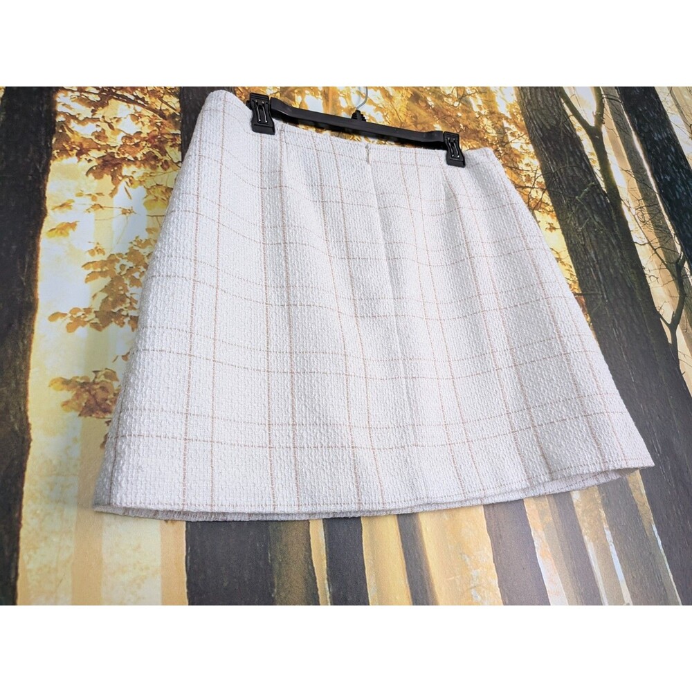 DKNY Mini Skirt Women's 10 Beige White Plaid Tweed Textured Lined Asymmetrical - Picture 10 of 14